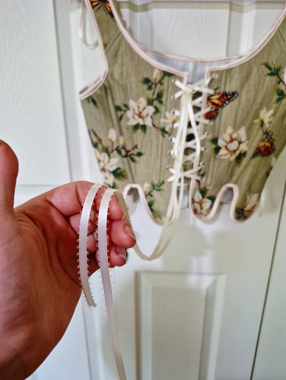 Green Monarch Butterfly Corset With Cream Ribbon - Picture 5 of 9